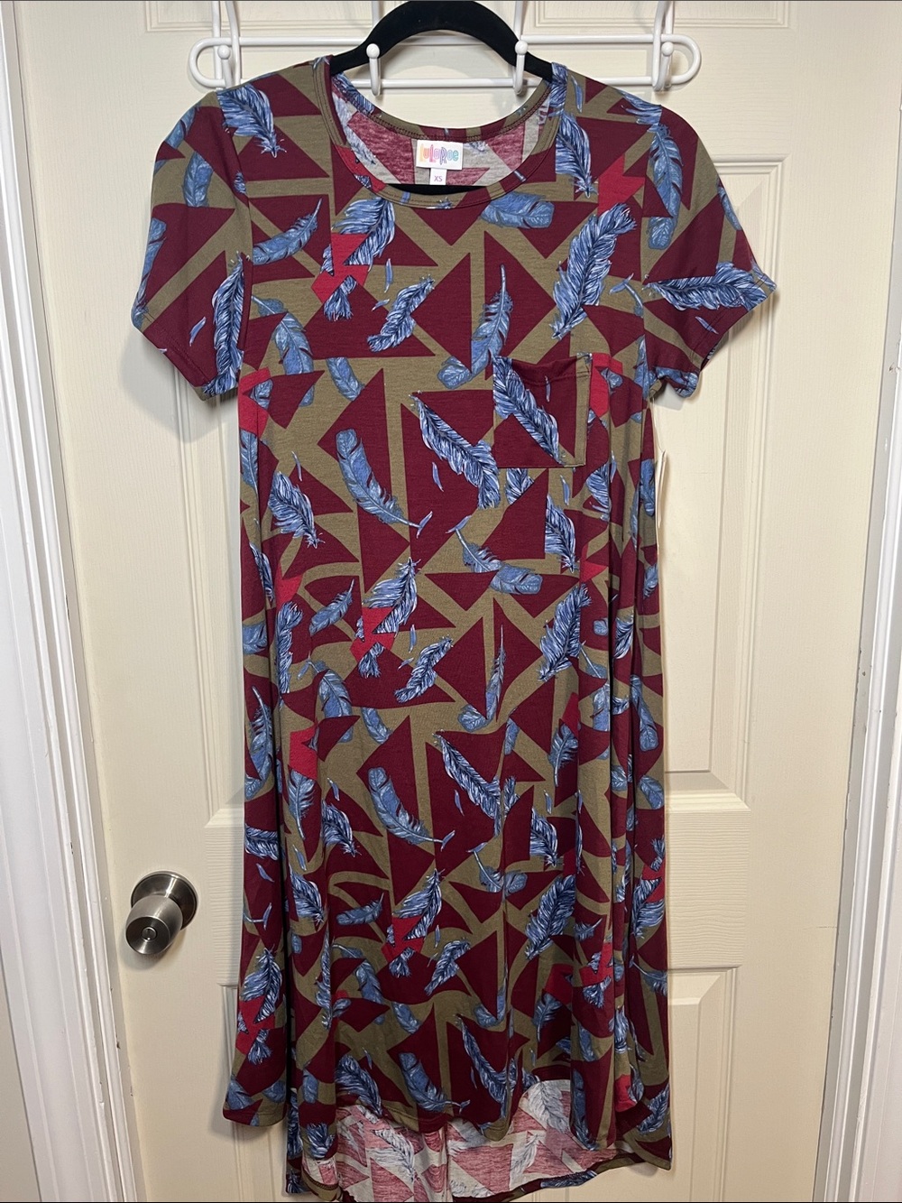 LuLaRoe Burgundy and Olive Feather Print Short Sleeve Dress